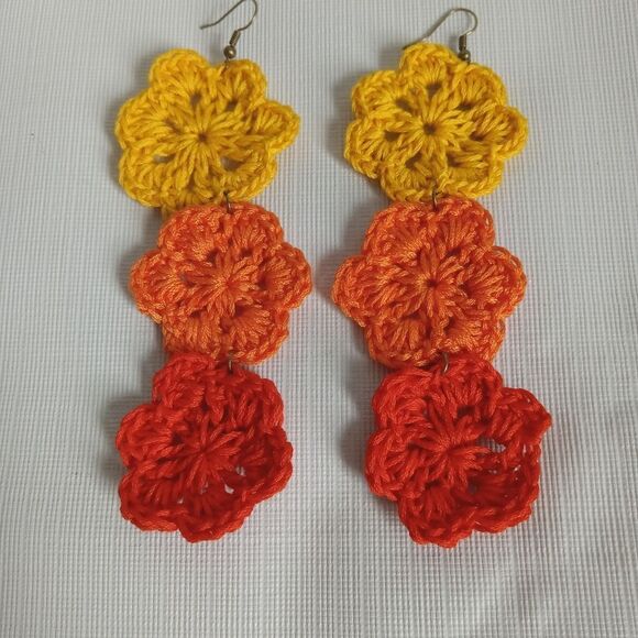 Handmade Multicolored Embroidery Floss Crochet Triple Flowers Statement Earrings - Picture 8 of 10